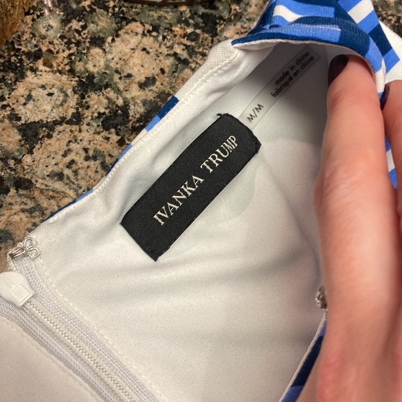 NWOT Ivanka Trump blue white geometric stripe faux wrap sheath, size M - Picture 3 of 15